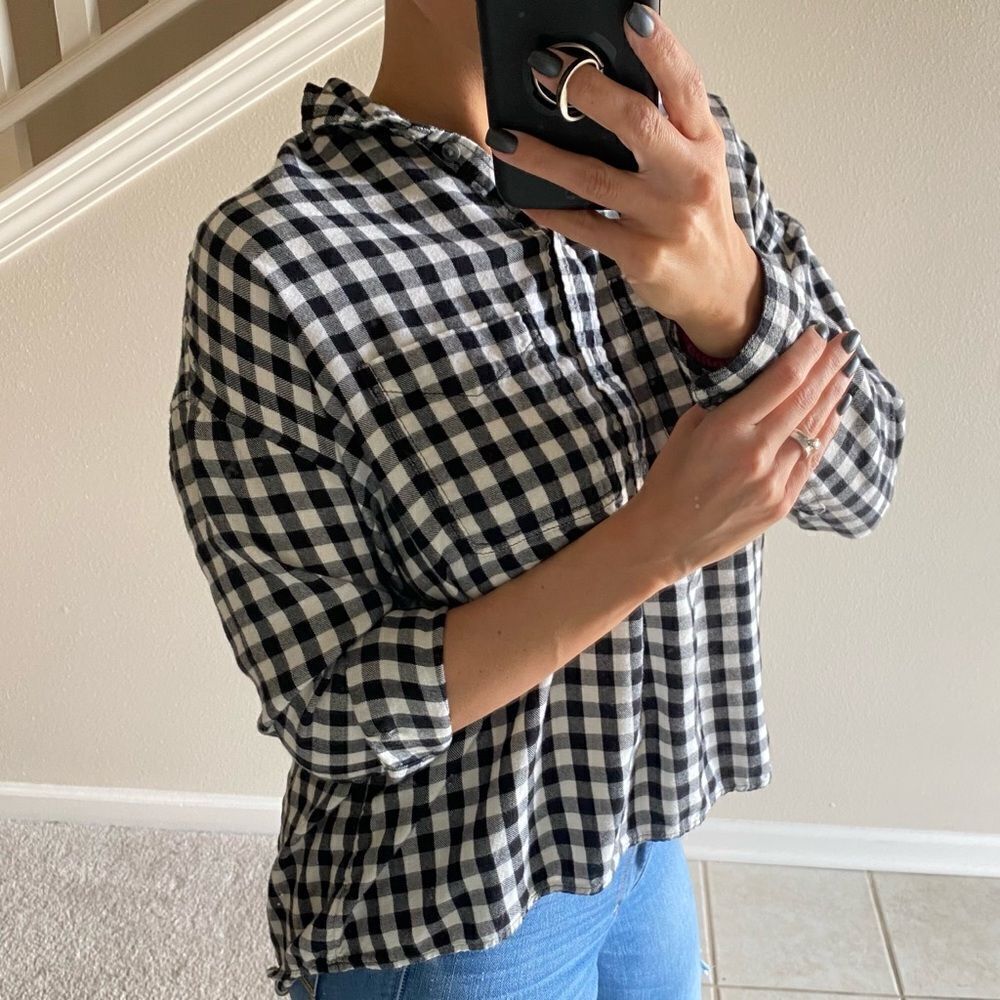 American Eagle Popover Plaid Shirt Oversized Fit Black White Small